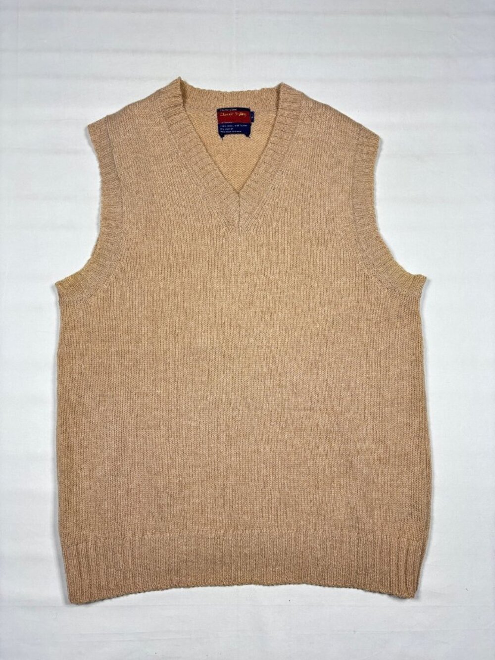 Vintage JCPenney Men's L Tall 100% Shetland Wool V-Neck Sweater Vest Tan Beige